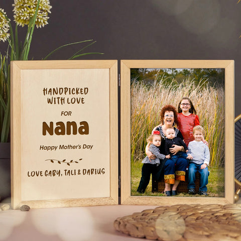 Personalised Wooden Folding Photo Frame By KreateSquare with Oak Wood Finish Engrave Any Message Ideal for Mothers Day Grandma