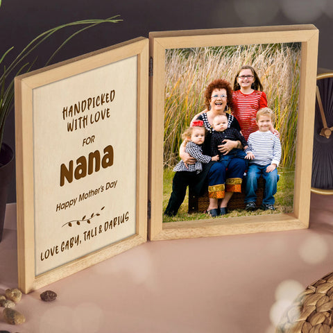 Personalised Wooden Folding Photo Frame By KreateSquare with Oak Wood Finish Engrave Any Message Ideal for Mothers Day Grandma