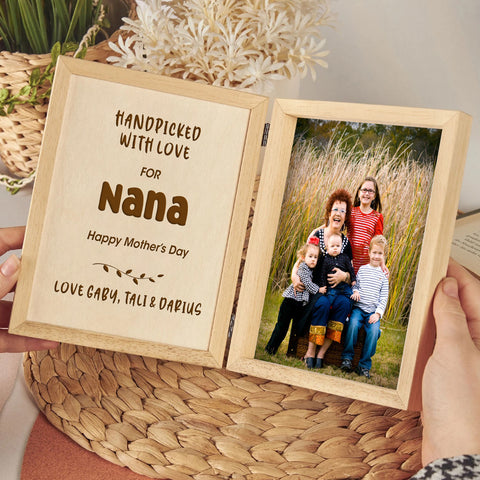 Personalised Wooden Folding Photo Frame By KreateSquare with Oak Wood Finish Engrave Any Message Ideal for Mothers Day Grandma