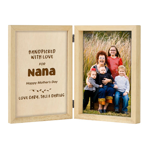 Personalised Wooden Folding Photo Frame By KreateSquare with Oak Wood Finish Engrave Any Message Ideal for Mothers Day Grandma