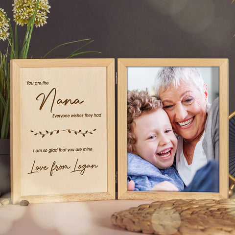 Personalised Wooden Folding Photo Frame for Mum Grandma By KreateSquare with Oak Wood Finish Engrave Any Message, Ideal for Mothers Day