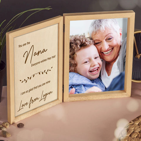 Personalised Wooden Folding Photo Frame for Mum Grandma By KreateSquare with Oak Wood Finish Engrave Any Message, Ideal for Mothers Day