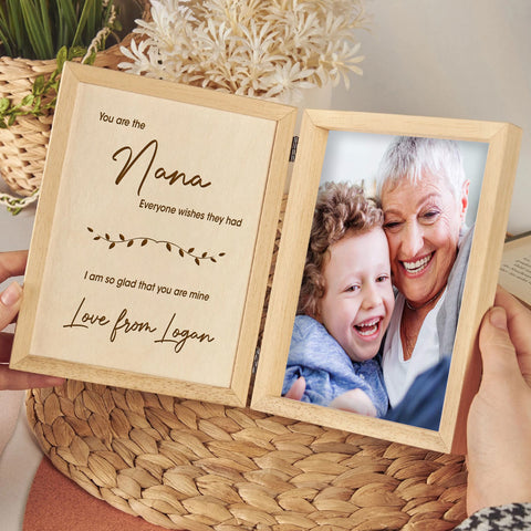 Personalised Wooden Folding Photo Frame for Mum Grandma By KreateSquare with Oak Wood Finish Engrave Any Message, Ideal for Mothers Day