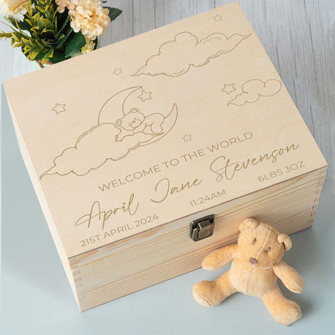 Personalised Newborn Baby Memory Box Keepsake by KreateSquare - for Baby Boy and Girl Gift Ideal Present for Baby Shower or 1st Birthday Bear on Cloud Design