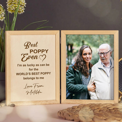 Personalised Wooden Folding Photo Frame By KreateSquare with Oak Wood Finish Engrave Any Message Ideal for Fathers Day Grandpa