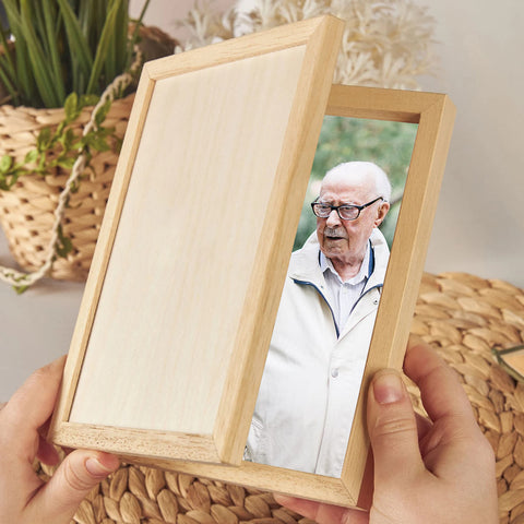 Personalised Wooden Folding Photo Frame By KreateSquare with Oak Wood Finish Engrave Any Message Ideal for Fathers Day Grandpa