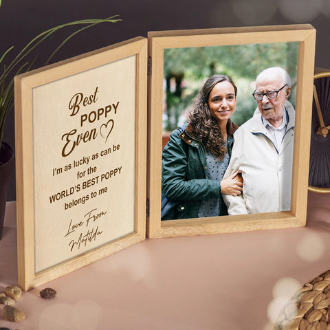 Personalised Wooden Folding Photo Frame By KreateSquare with Oak Wood Finish Engrave Any Message Ideal for Fathers Day Grandpa