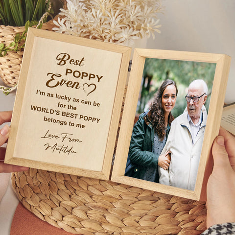 Personalised Wooden Folding Photo Frame By KreateSquare with Oak Wood Finish Engrave Any Message Ideal for Fathers Day Grandpa