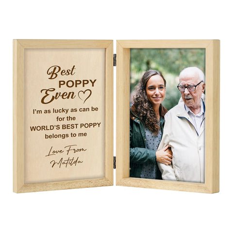 Personalised Wooden Folding Photo Frame By KreateSquare with Oak Wood Finish Engrave Any Message Ideal for Fathers Day Grandpa