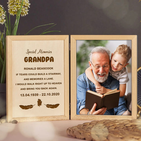 Personalised Wooden Folding Photo Frame for Dad Grandpa By KreateSquare with Oak Wood Finish Engrave Any Message, Ideal for Fathers Day