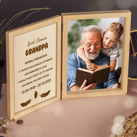 Personalised Wooden Folding Photo Frame for Dad Grandpa By KreateSquare with Oak Wood Finish Engrave Any Message, Ideal for Fathers Day