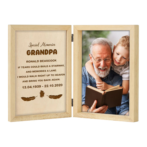 Personalised Wooden Folding Photo Frame for Dad Grandpa By KreateSquare with Oak Wood Finish Engrave Any Message, Ideal for Fathers Day