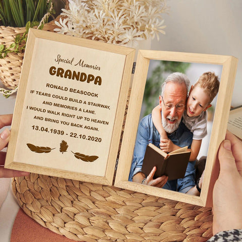 Personalised Wooden Folding Photo Frame for Dad Grandpa By KreateSquare with Oak Wood Finish Engrave Any Message, Ideal for Fathers Day