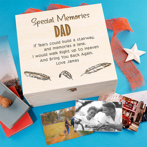 Personalised Dad Memorial Wooden Keepsake Box by KreateSquare – Memory Box for Bereavement, Remembrance Feather Design