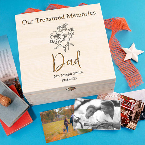 Personalised Dad Memorial Wooden Keepsake Box by KreateSquare – Memory Box for Bereavement, Remembrance Flower Design