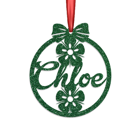 Personalised Christmas Bauble By KreateSquare 950 GSM Double Sided Glitter Xmas Tree Decoration Custom Name Baubles - Flower Bow Design