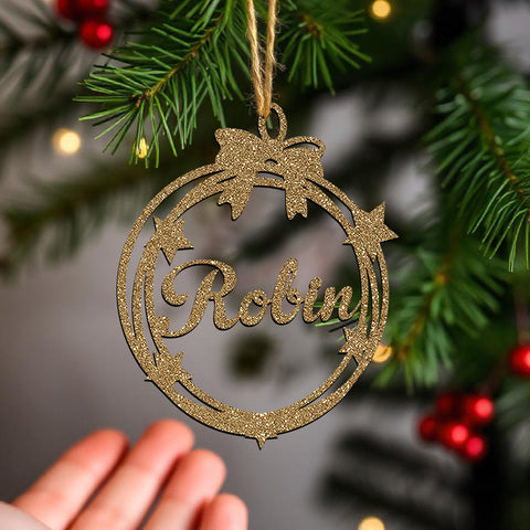 Personalised Christmas Bauble By KreateSquare 950 GSM Double Sided Glitter Xmas Tree Decoration Custom Name Baubles - Bow Stars Design