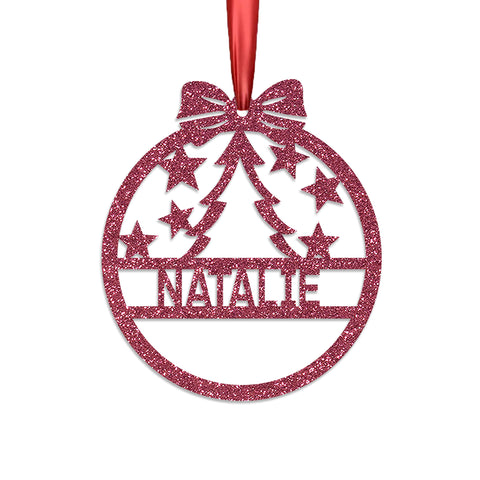 Personalised Christmas Bauble By KreateSquare 950 GSM Double Sided Glitter Xmas Tree Decoration Custom Name Baubles - Star Tree Design