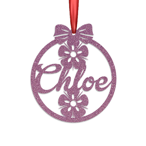 Personalised Christmas Bauble By KreateSquare 950 GSM Double Sided Glitter Xmas Tree Decoration Custom Name Baubles - Flower Bow Design