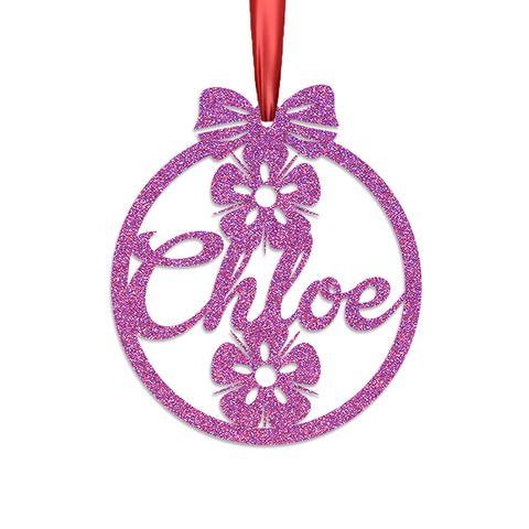 Personalised Christmas Bauble By KreateSquare 950 GSM Double Sided Glitter Xmas Tree Decoration Custom Name Baubles - Flower Bow Design