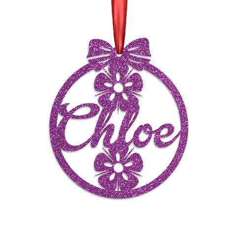 Personalised Christmas Bauble By KreateSquare 950 GSM Double Sided Glitter Xmas Tree Decoration Custom Name Baubles - Flower Bow Design