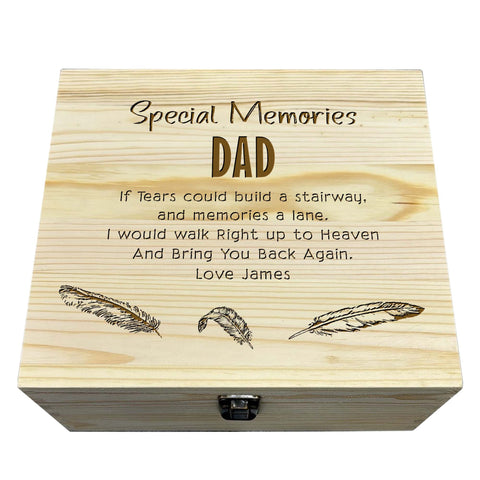 Personalised Dad Memorial Wooden Keepsake Box by KreateSquare – Memory Box for Bereavement, Remembrance Feather Design