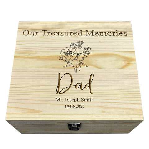 Personalised Dad Memorial Wooden Keepsake Box by KreateSquare – Memory Box for Bereavement, Remembrance Flower Design