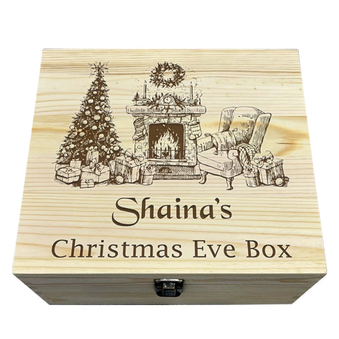 Personalised Wooden Box By KreateSquare Merry Christmas Eve Memory Box Christmas Tree and Fireplace