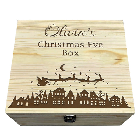 Personalised Wooden Box By KreateSquare Merry Christmas Eve Memory Box Christmas Village, Santa and Reindeer